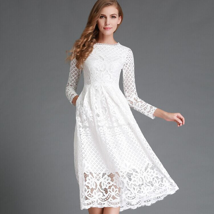 Women Spring Autumn Fashion Elegant Party Dress Solid Long Sleeve Hollow  Out Ladies Sweet V-neck Dresses