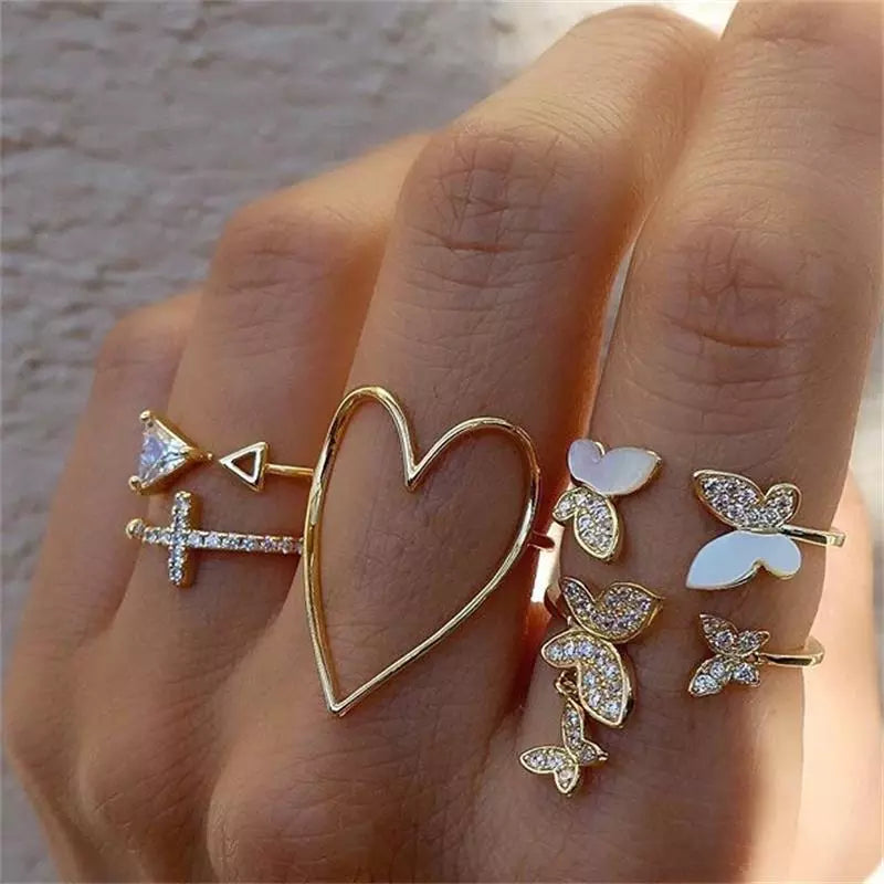 Fashion Hollow Heart Butterfly Ring Set For Women Shining Crystal Cross Finger Rings Charm Party Wedding Jewelry Gift-Dollar Bargains Online Shopping Australia