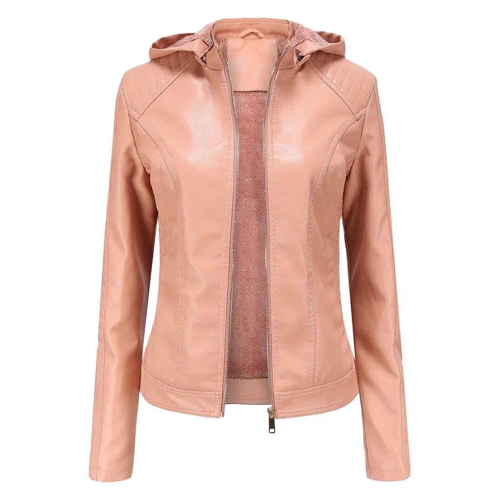 Fleece Hooded Leather Jacket Women's Trim Motorcycle Women Coat Zipper Switch Tops Red Khaki Grey-Dollar Bargains Online Shopping Australia