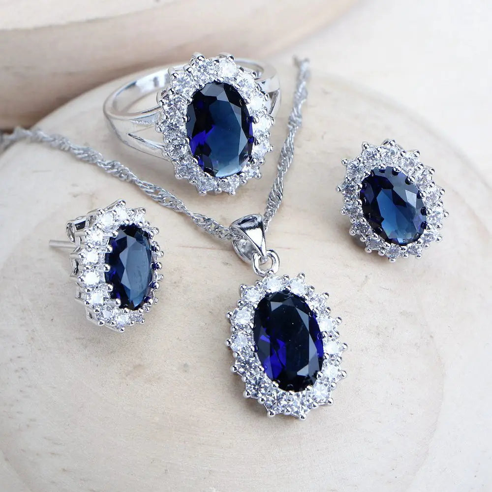 Silver 925 Women Bridal Jewelry Sets Blue Zirconia Costume Fine Jewellery Wedding Necklace Earrings Rings Bracelets Pendant Set-Dollar Bargains Online Shopping Australia