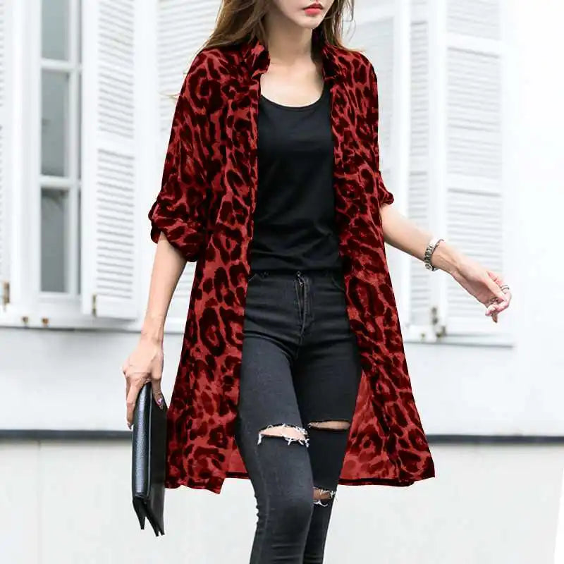 Leopard Cardigans Women's Summer Blouses Long Kimono Cape Female Lapel Tunic-Dollar Bargains Online Shopping Australia