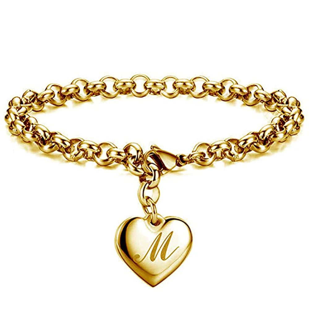 Initial Charm Gold-Color Bracelets Stainless Steel Heart 26 Letters Alphabet Bracelet for Women Girls Kids Gifts-Dollar Bargains Online Shopping Australia