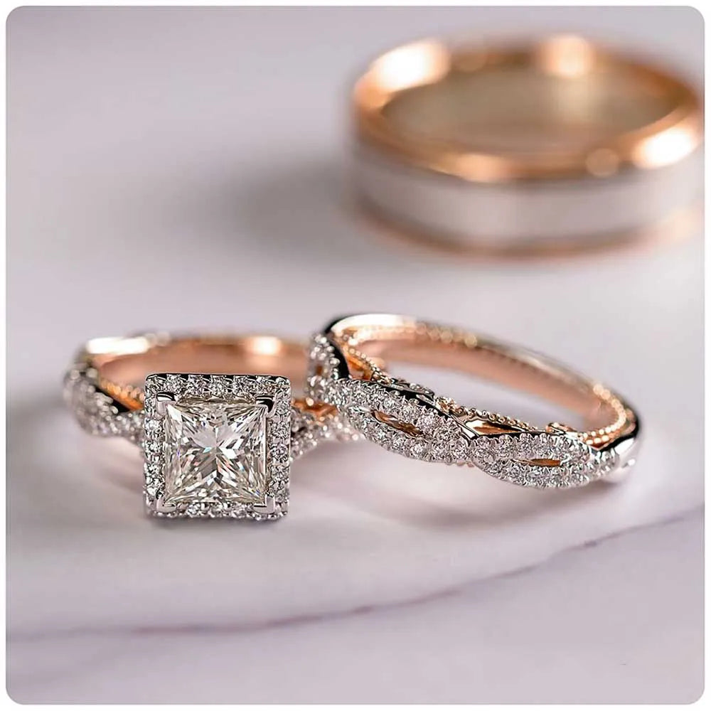 Luxury Princess Cut Cubic Zircon Bridal Marriage Set Rings Elegant Accessories Brilliant Women Men Wedding Trendy Jewelry-Dollar Bargains Online Shopping Australia