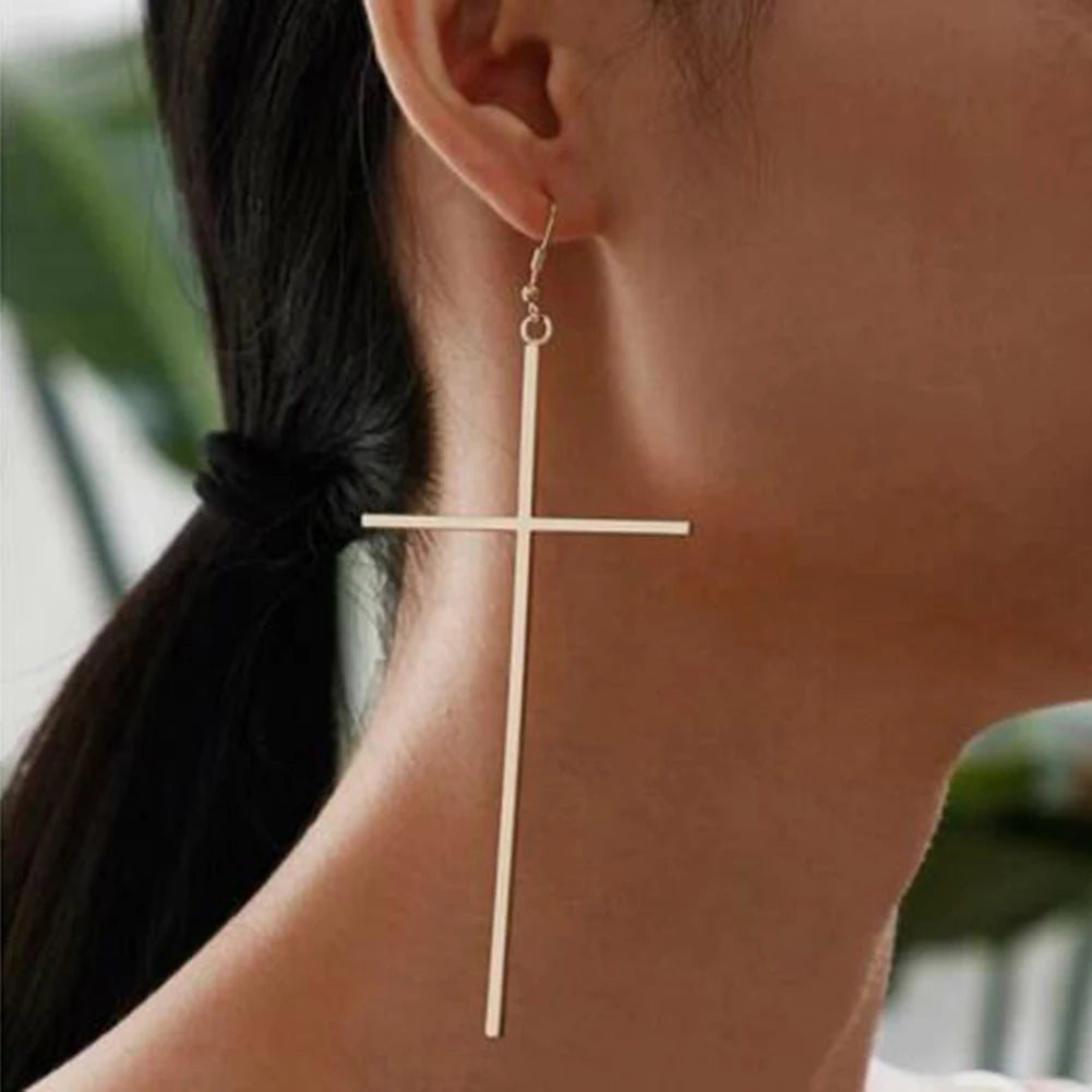 Ethnic Big Cross Long Earrings for Women Gold Color Drop Earrings Jewelry-Dollar Bargains Online Shopping Australia