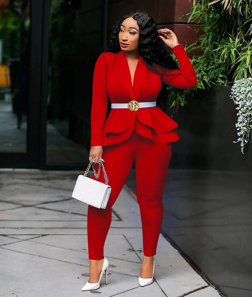 Winter Women's Set Tracksuit Full Sleeve Ruffles Blazers Pencil Pants Suit Two Piece Set Office Lady Outfits Uniform-Dollar Bargains Online Shopping Australia