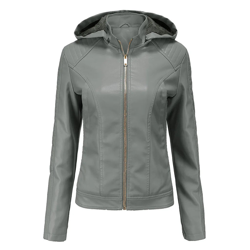 Fleece Hooded Leather Jacket Women's Trim Motorcycle Women Coat Zipper Switch Tops Red Khaki Grey-Dollar Bargains Online Shopping Australia