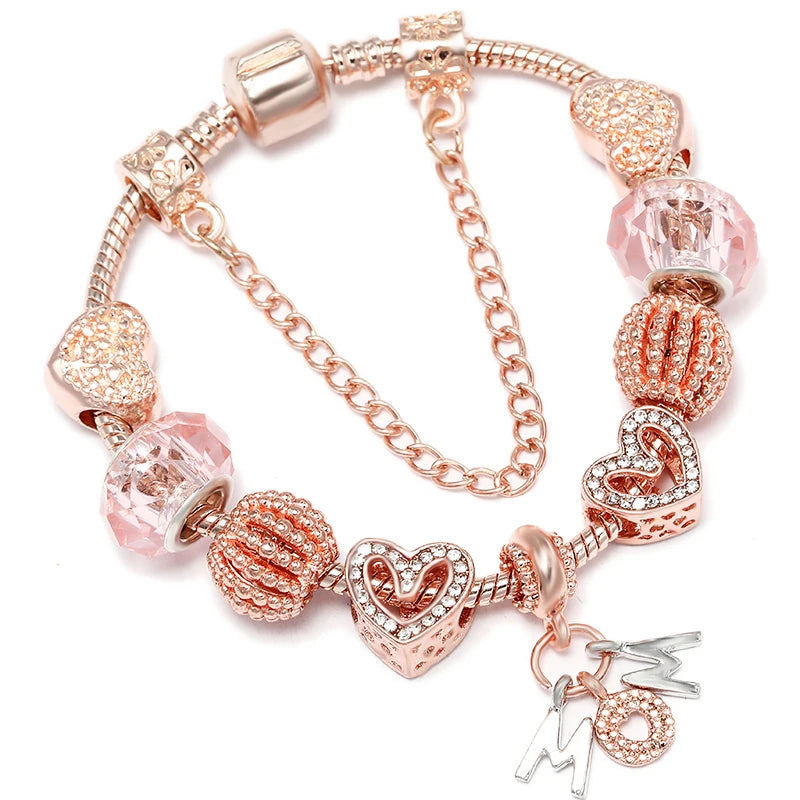 Heart & Key Pendant Rose Gold Color Fine Bracelets & Bangles Ferris Wheel Beads Charm Bracelet For Women Jewelry Gift-Dollar Bargains Online Shopping Australia