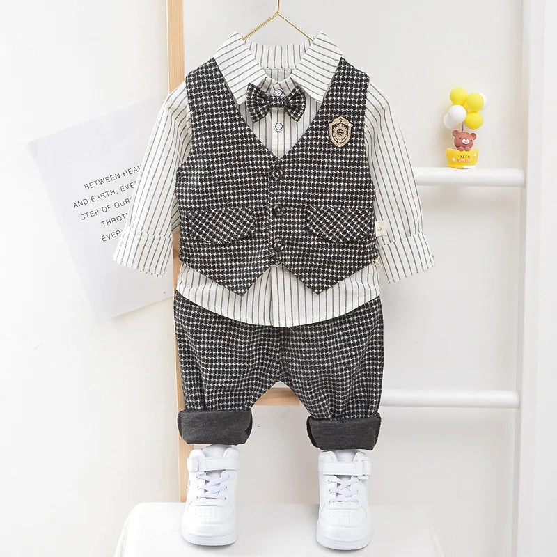 Children Kids Gentleman Clothing Suit Birthday Wedding Party Elegant Set Baby Boy Casual Wear Striped Shirt Vest Pants Costume-Dollar Bargains Online Shopping Australia