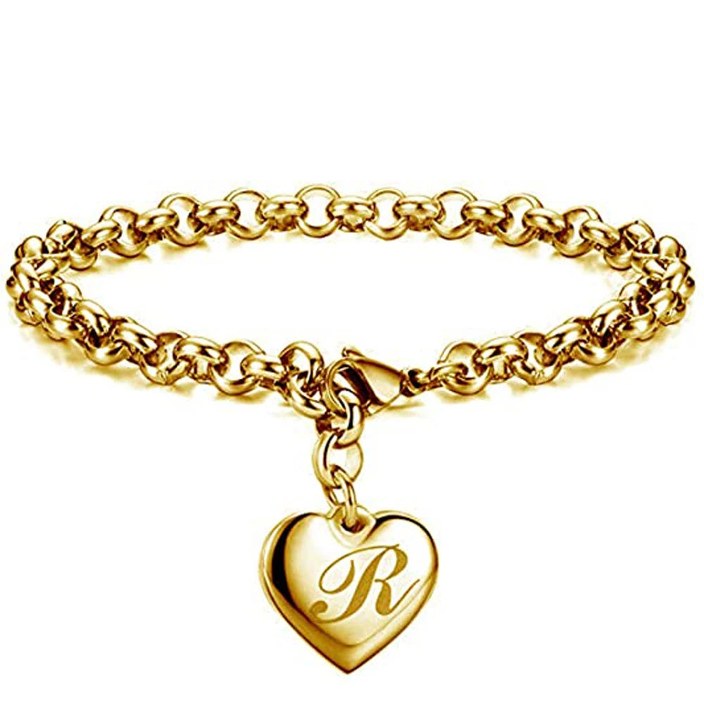 Initial Charm Gold-Color Bracelets Stainless Steel Heart 26 Letters Alphabet Bracelet for Women Girls Kids Gifts-Dollar Bargains Online Shopping Australia