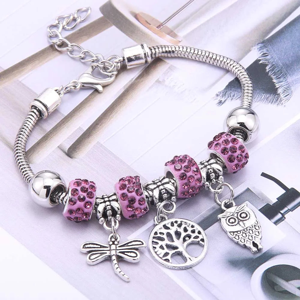 dragonfly owl Shape Crystal Charm Bracelets Beads Bracelet Women DIY Beads Brand Bracelets & Bangles Jewelry Gift-Dollar Bargains Online Shopping Australia