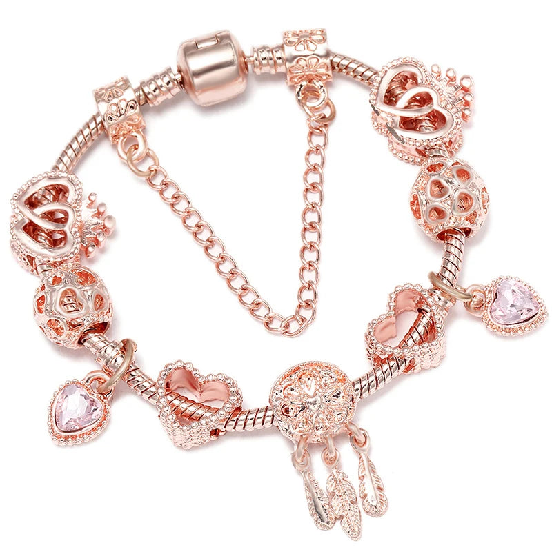 Heart & Key Pendant Rose Gold Color Fine Bracelets & Bangles Ferris Wheel Beads Charm Bracelet For Women Jewelry Gift-Dollar Bargains Online Shopping Australia