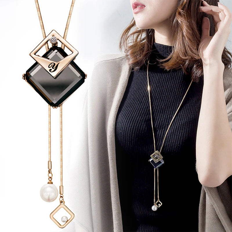 Long Necklaces & Pendants Fashion Geometric Crystal Statement Necklace For Women Collier Femme Pearl Choker-Dollar Bargains Online Shopping Australia