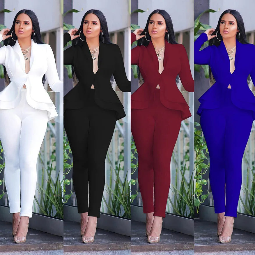 Winter Women's Set Tracksuit Full Sleeve Ruffles Blazers Pencil Pants Suit Two Piece Set Office Lady Outfits Uniform-Dollar Bargains Online Shopping Australia