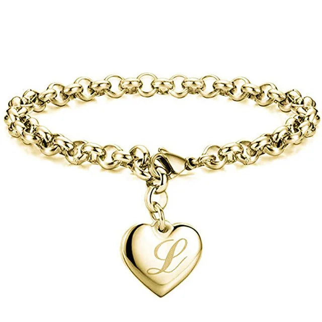 Initial Charm Gold-Color Bracelets Stainless Steel Heart 26 Letters Alphabet Bracelet for Women Girls Kids Gifts-Dollar Bargains Online Shopping Australia