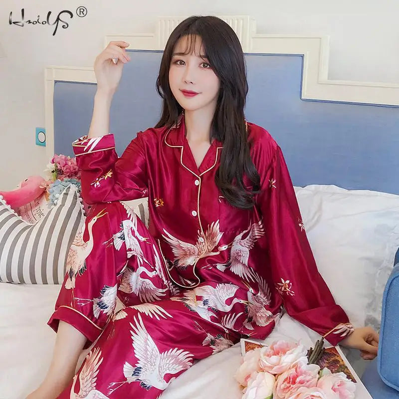 Women Pajamas Set Long Sleeve Tops Trousers Pyjamas 2 Pieces Satin Sleepwear Nightgown Home Clothes-Dollar Bargains Online Shopping Australia