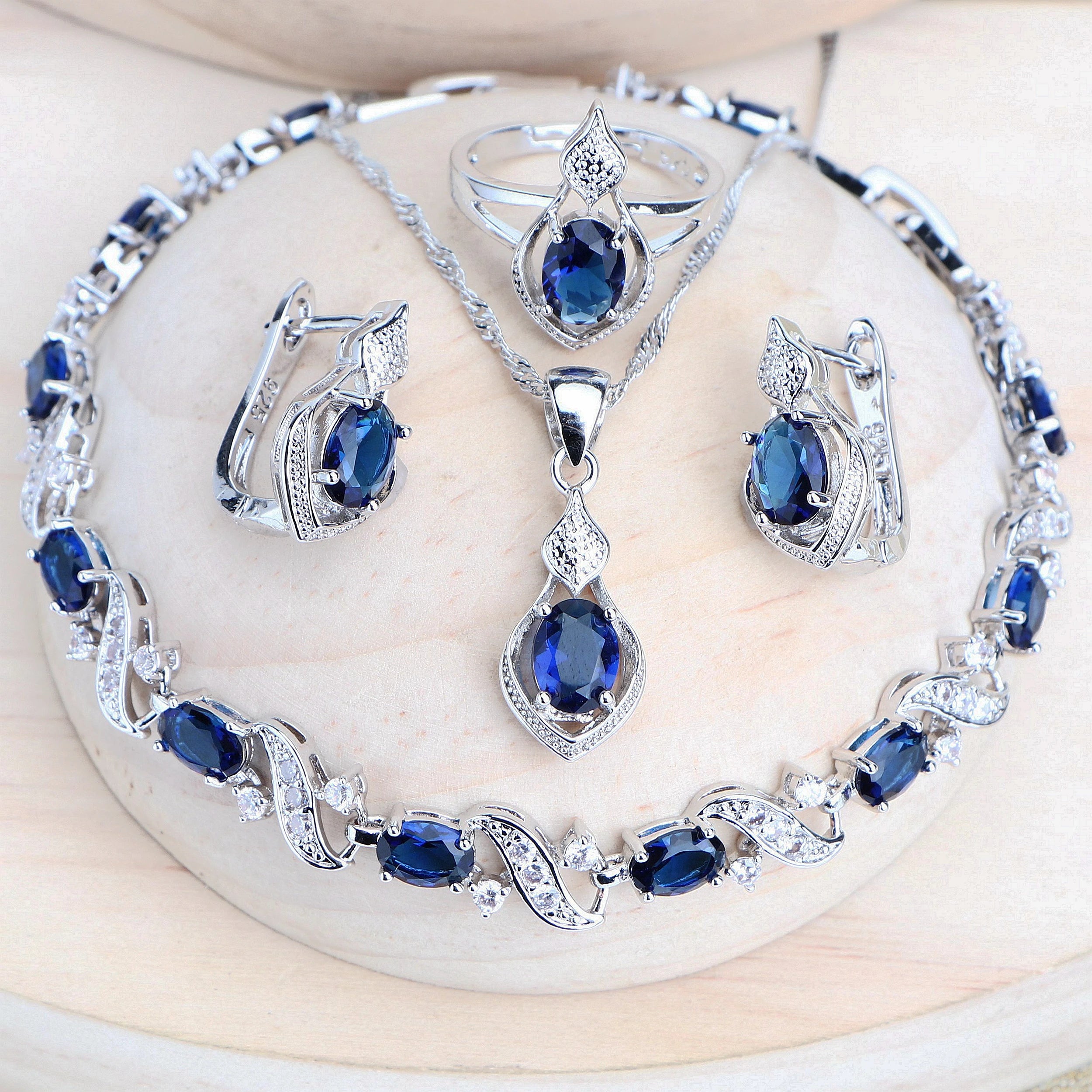 Women Silver 925 Bridal Jewelry Sets Blue Cubic Zirconia Costume Jewellery Wedding Earrings Rings Bracelets Pendant Necklace-Dollar Bargains Online Shopping Australia