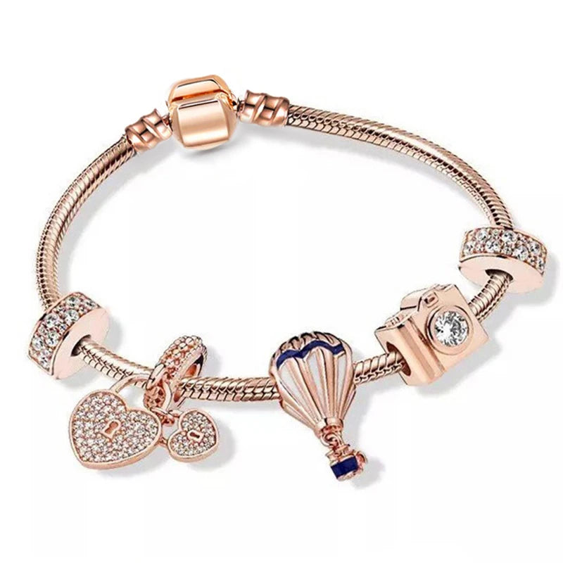 Heart & Key Pendant Rose Gold Color Fine Bracelets & Bangles Ferris Wheel Beads Charm Bracelet For Women Jewelry Gift-Dollar Bargains Online Shopping Australia