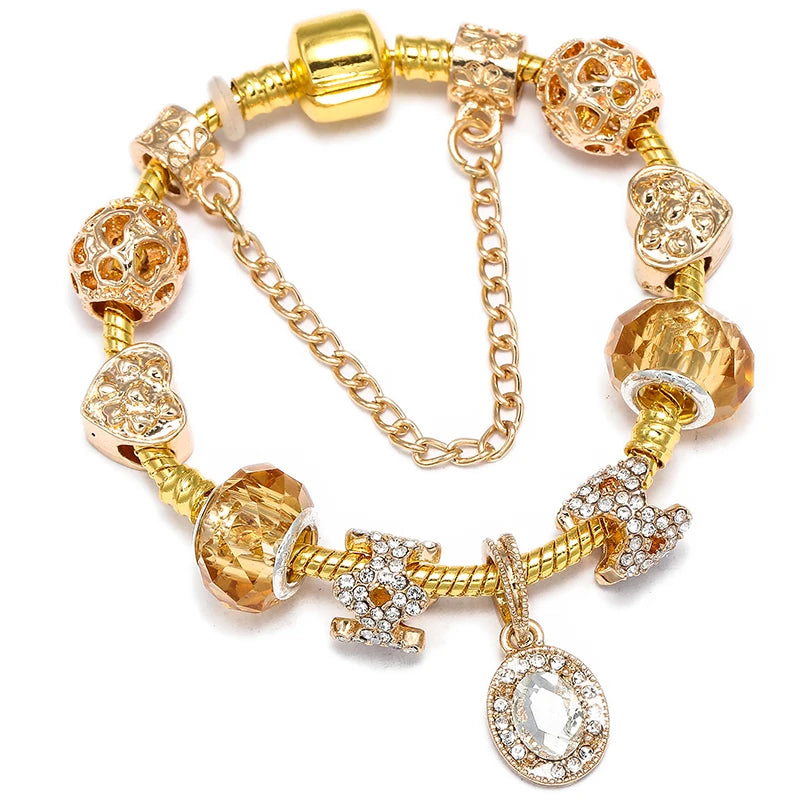 Luxury Crystal Bees Gold Color Charm Bracelet For Girl Murano Glass Beads Fine Bracelet For Women Couple DIY Jewelry Gift-Dollar Bargains Online Shopping Australia