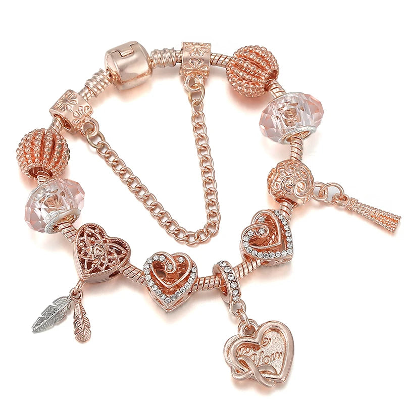 Heart & Key Pendant Rose Gold Color Fine Bracelets & Bangles Ferris Wheel Beads Charm Bracelet For Women Jewelry Gift-Dollar Bargains Online Shopping Australia