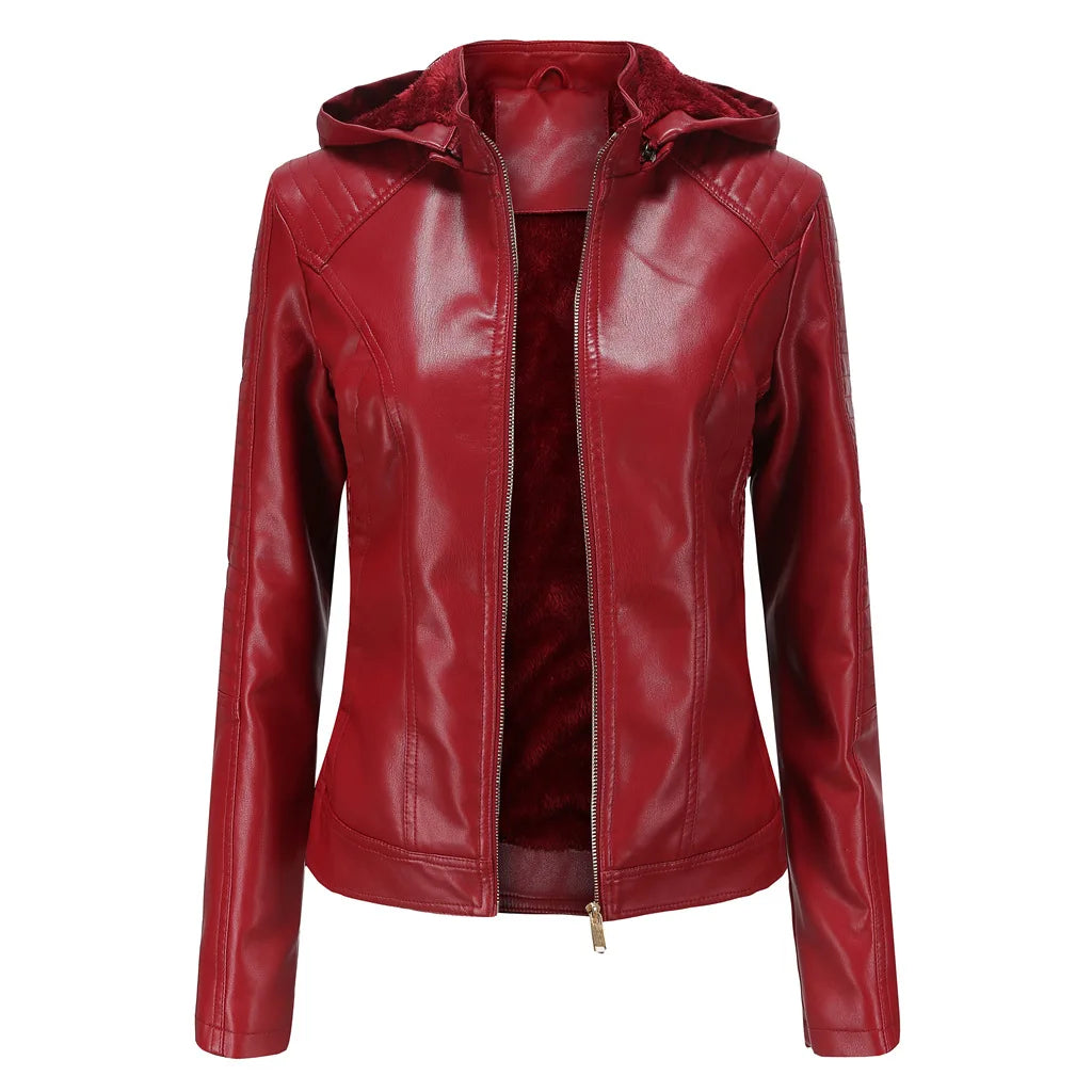 Fleece Hooded Leather Jacket Women's Trim Motorcycle Women Coat Zipper Switch Tops Red Khaki Grey-Dollar Bargains Online Shopping Australia