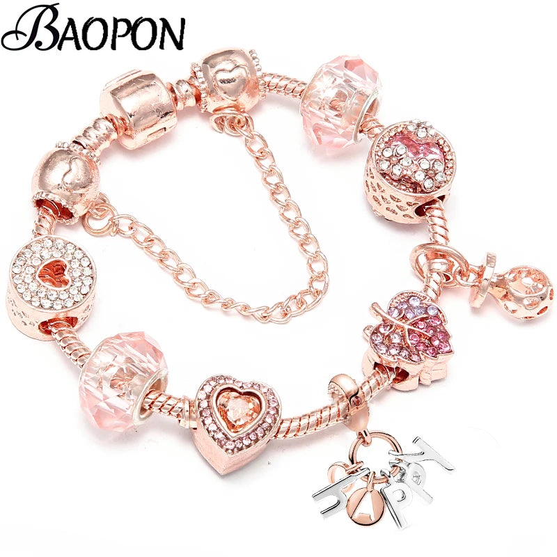 Rose Gold HAPPY Pendant Charm Bracelets Bangles Women Silver Plated Bracelet Handmade Jewelry Crystal-Dollar Bargains Online Shopping Australia