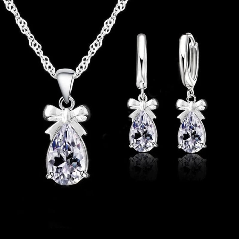 925 Sterling Silver With White Stone Cubic Zirconia Dangle Earring Pendant Necklace Woman Jewelry Set-Dollar Bargains Online Shopping Australia