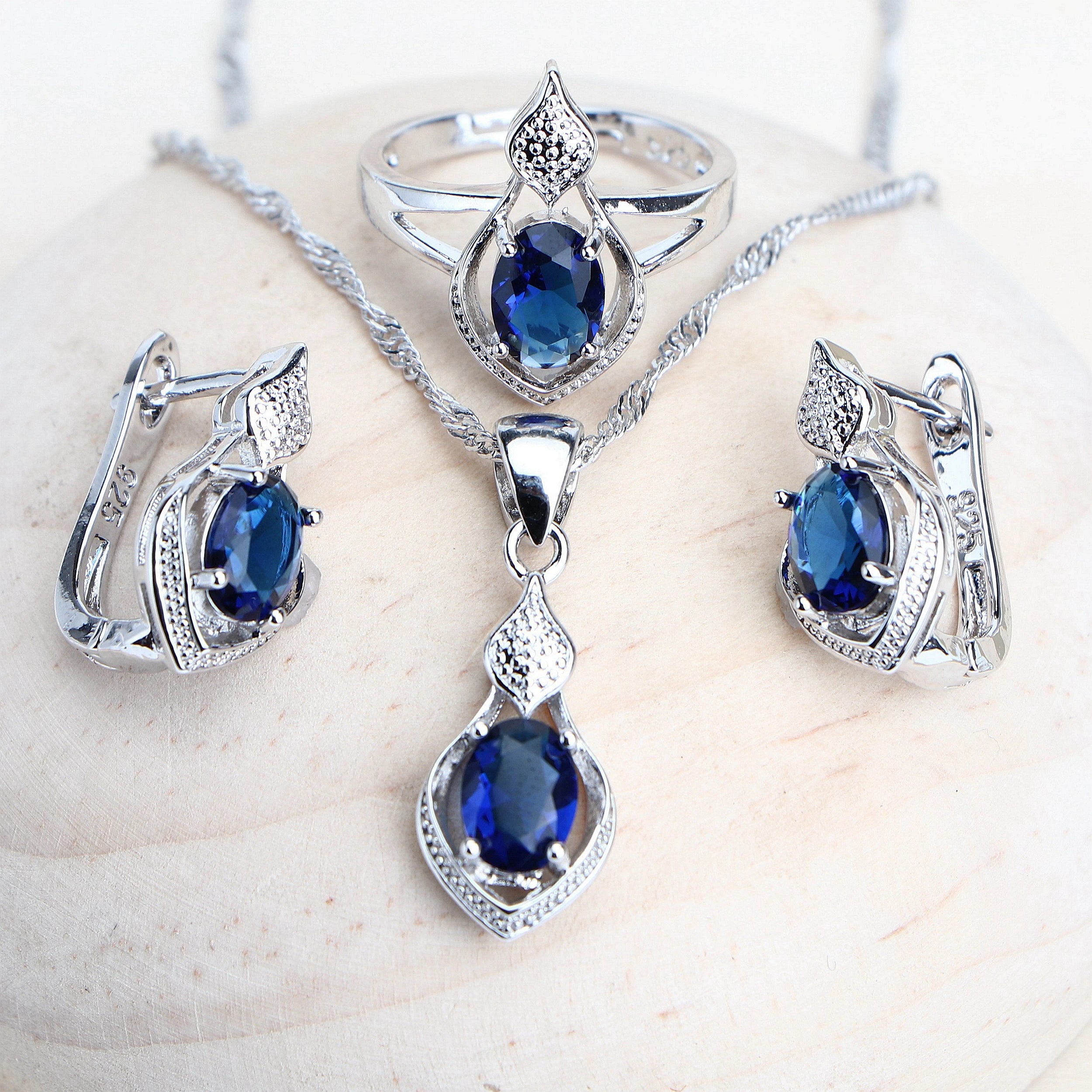 Women Silver 925 Bridal Jewelry Sets Blue Cubic Zirconia Costume Jewellery Wedding Earrings Rings Bracelets Pendant Necklace-Dollar Bargains Online Shopping Australia