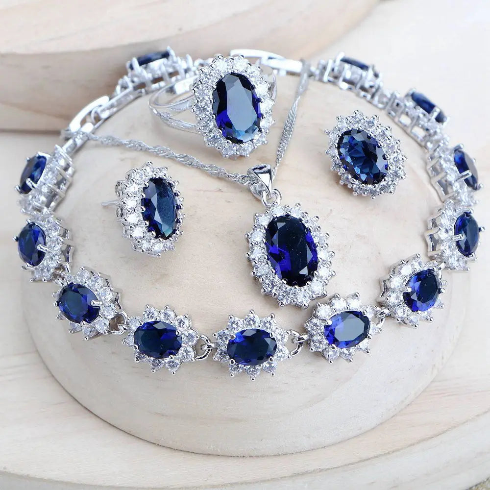 Silver 925 Women Bridal Jewelry Sets Blue Zirconia Costume Fine Jewellery Wedding Necklace Earrings Rings Bracelets Pendant Set-Dollar Bargains Online Shopping Australia