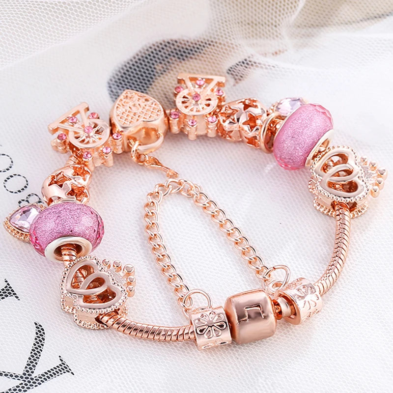 Heart & Key Pendant Rose Gold Color Fine Bracelets & Bangles Ferris Wheel Beads Charm Bracelet For Women Jewelry Gift-Dollar Bargains Online Shopping Australia