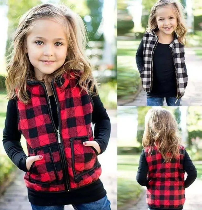 Kids Girl Plaid Cotton Vests Winter Warm Jacket Waistcoat Baby Zipper Coat Fall Outwear-Dollar Bargains Online Shopping Australia