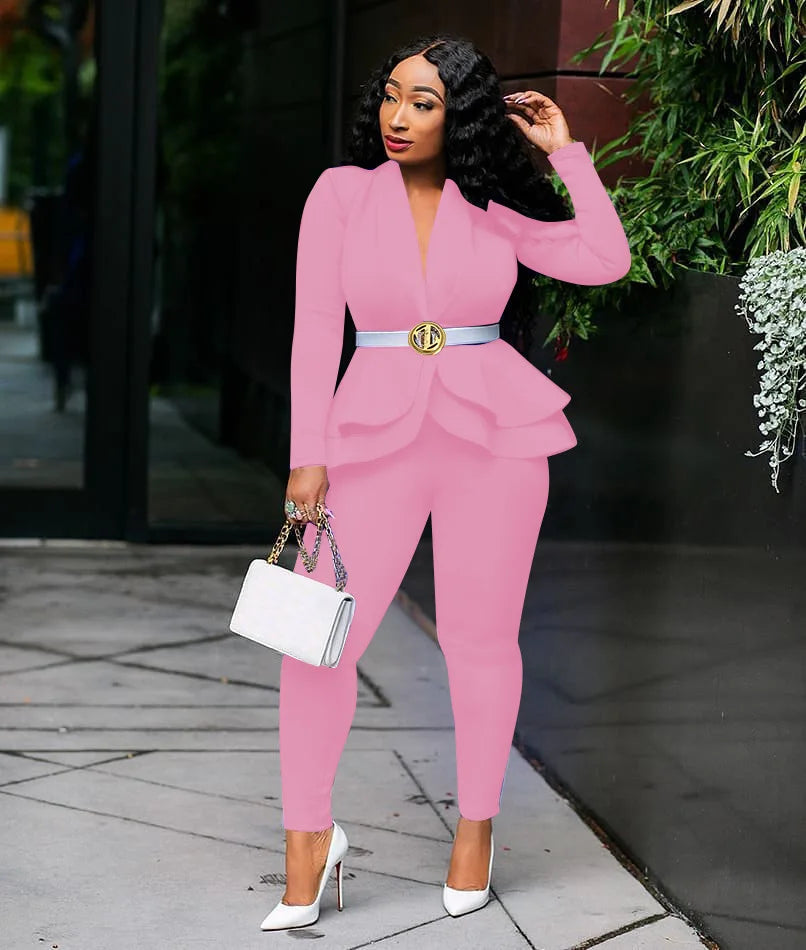 Winter Women's Set Tracksuit Full Sleeve Ruffles Blazers Pencil Pants Suit Two Piece Set Office Lady Outfits Uniform-Dollar Bargains Online Shopping Australia