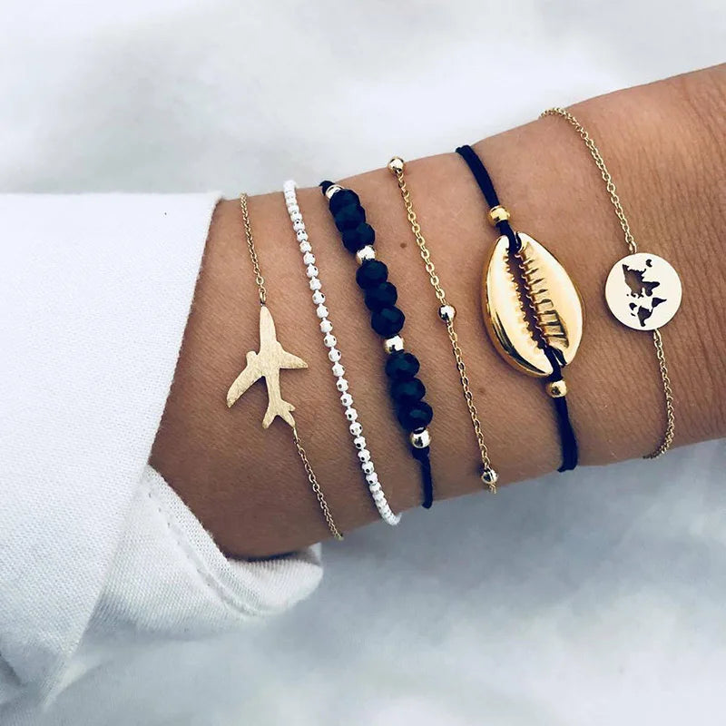 Bohemian Black Rope Chain Bracelet Set For Women aircraft Shell Moon Heart crystal Charm Bangle Boho Jewelry-Dollar Bargains Online Shopping Australia