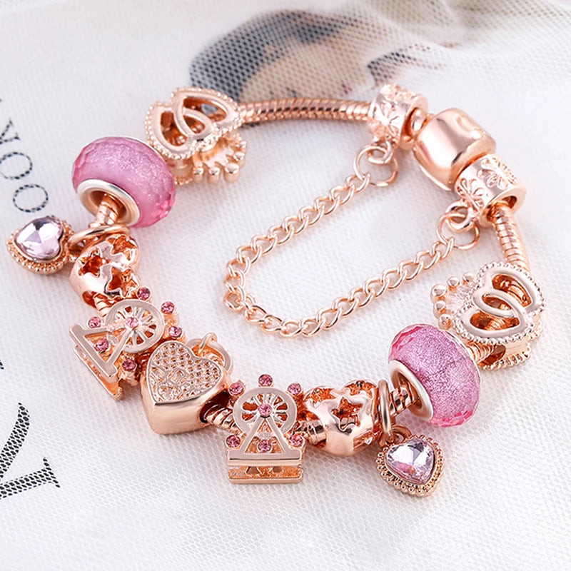 Heart & Key Pendant Rose Gold Color Fine Bracelets & Bangles Ferris Wheel Beads Charm Bracelet For Women Jewelry Gift-Dollar Bargains Online Shopping Australia