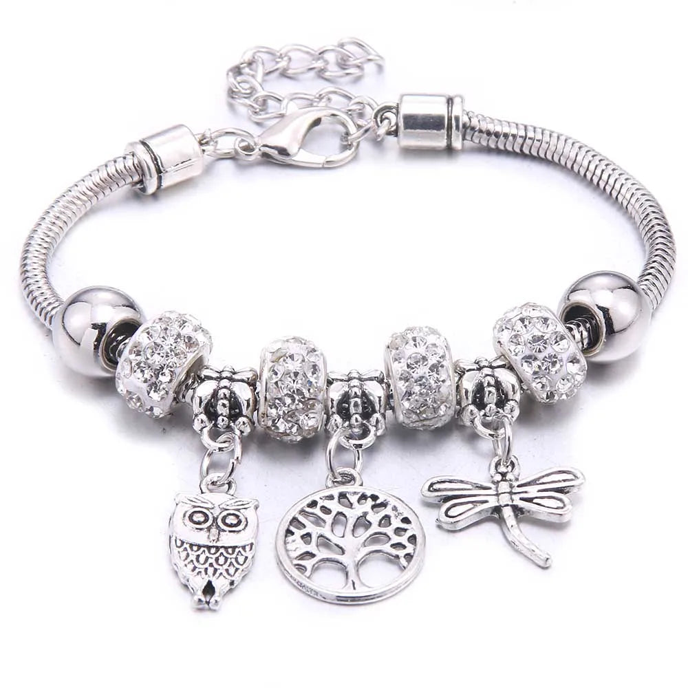 dragonfly owl Shape Crystal Charm Bracelets Beads Bracelet Women DIY Beads Brand Bracelets & Bangles Jewelry Gift-Dollar Bargains Online Shopping Australia