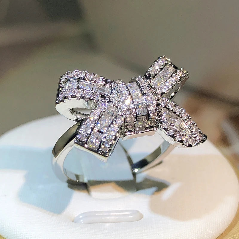 925 Silver Color Bowknot Bow Knot Bling Zircon Stone Rings for Women Fashion Wedding Engagement Jewelry-Dollar Bargains Online Shopping Australia