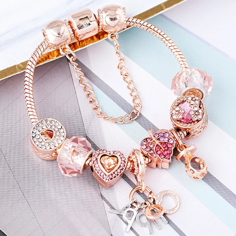 Rose Gold HAPPY Pendant Charm Bracelets Bangles Women Silver Plated Bracelet Handmade Jewelry Crystal-Dollar Bargains Online Shopping Australia