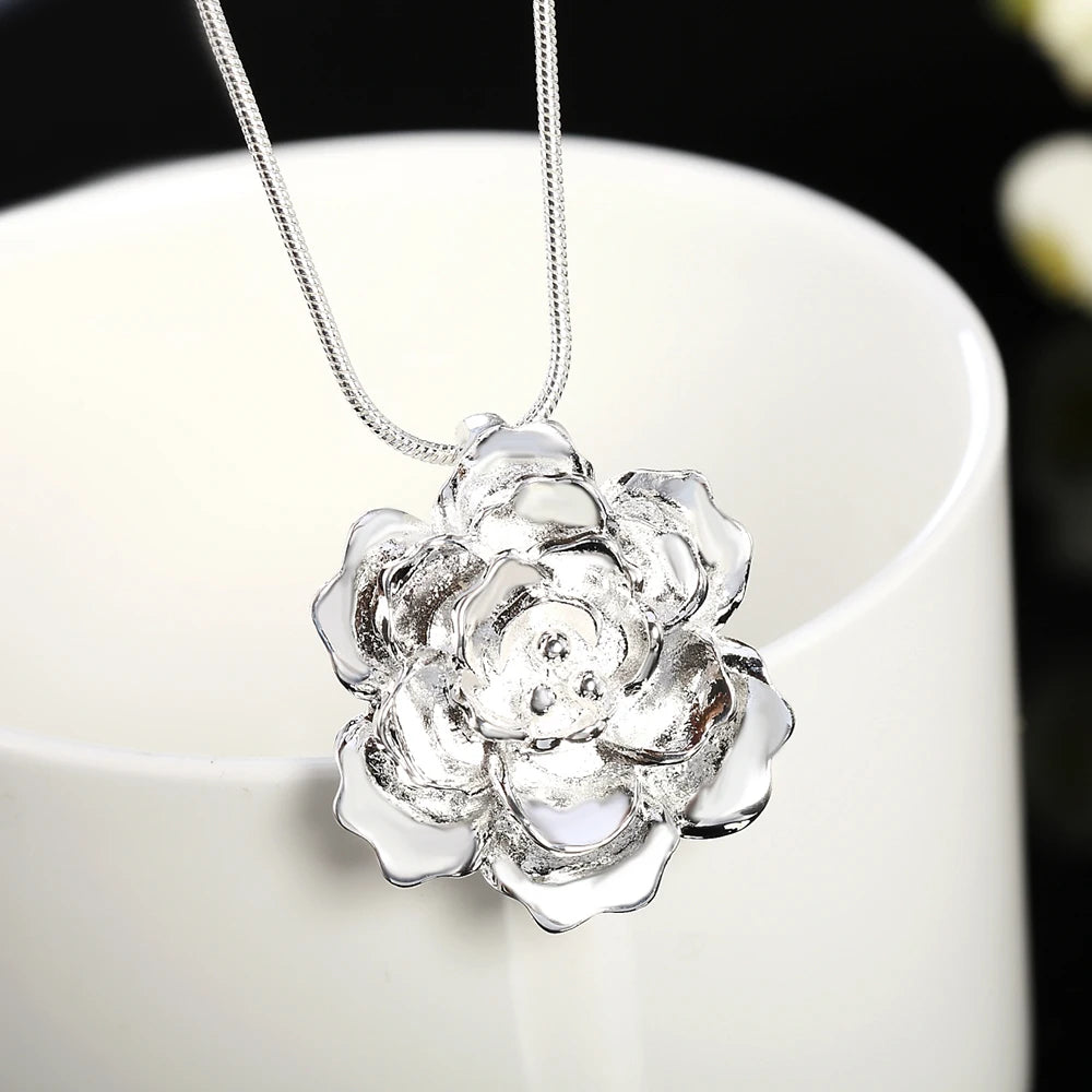 925 Sterling Silver Snake Chain Flower Pendant Necklace For Women Fashion Wedding Party Charm Jewelry-Dollar Bargains Online Shopping Australia