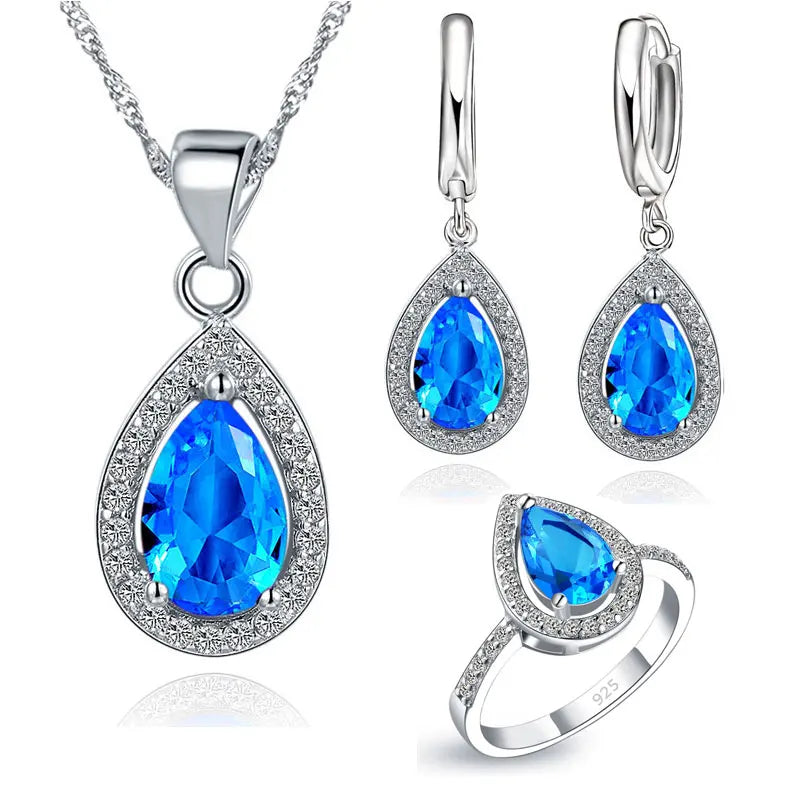 Jewelry Sets Water Drop Cubic Zirconia CZ Stone 925 Sterling Silver Earrings Necklaces Finger Rings-Dollar Bargains Online Shopping Australia