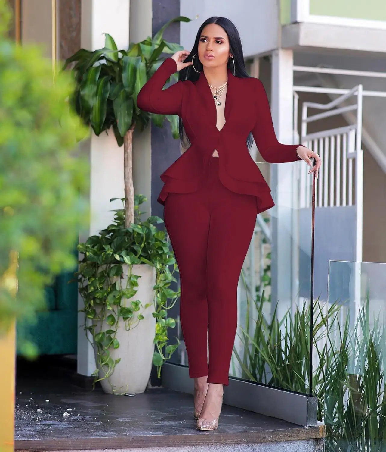 Winter Women's Set Tracksuit Full Sleeve Ruffles Blazers Pencil Pants Suit Two Piece Set Office Lady Outfits Uniform-Dollar Bargains Online Shopping Australia