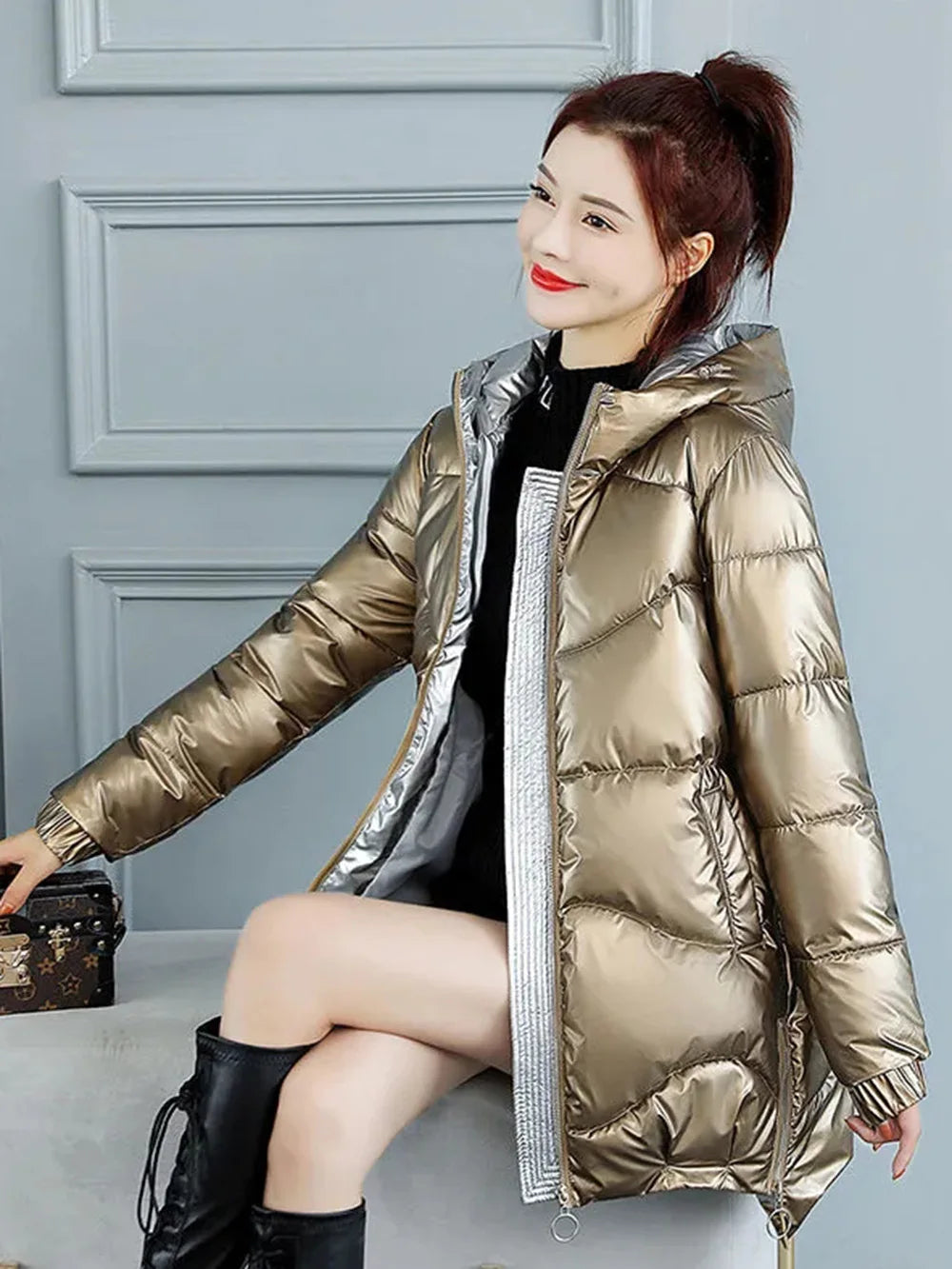 Winter Jacket Parkas Women Glossy Down Cotton Jacket Hooded Parka Warm Female Cotton Padded Jacket Casual Outwear-Dollar Bargains Online Shopping Australia