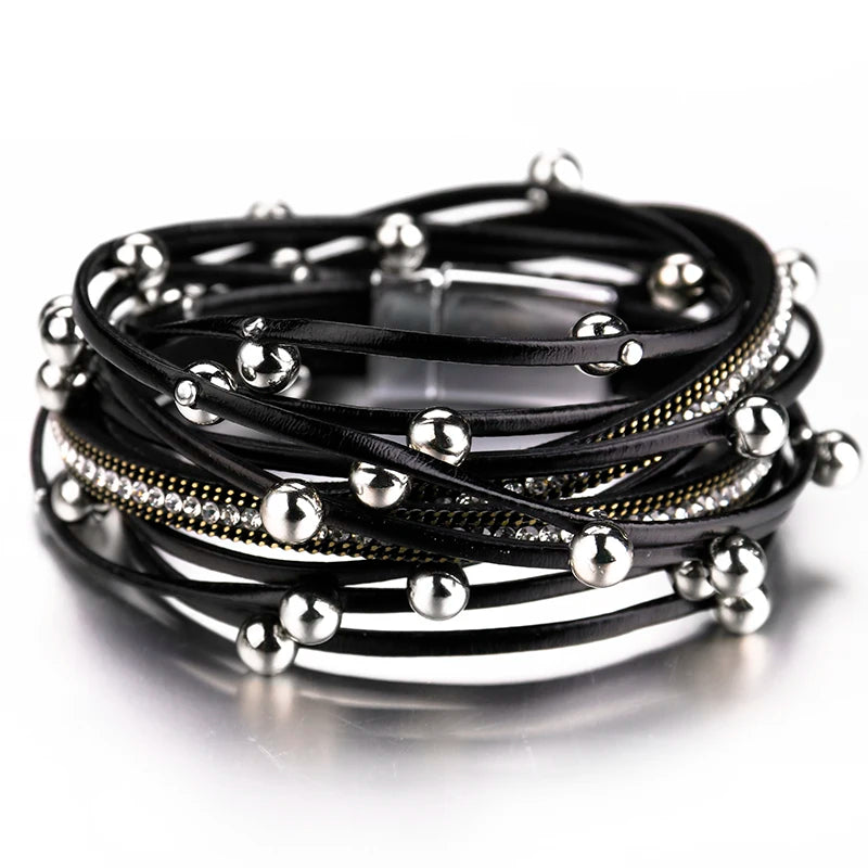 Metal Beads Charm Leather Bracelets for Women Fashion Crystal Chain Bohemian Multilayer Wrap Bracelet Female Jewelry-Dollar Bargains Online Shopping Australia