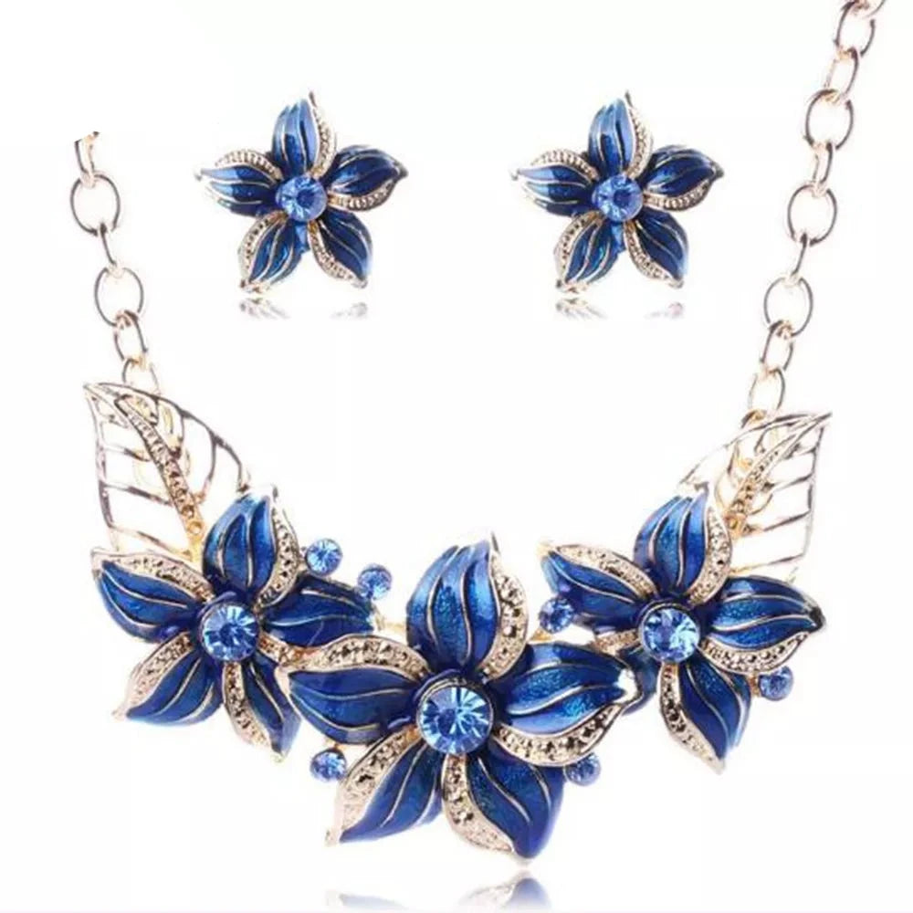 Austrian Crystal Enamel Flower Jewelry Sets Women African Costume Jewelry Maxi Necklace Earring Set-Dollar Bargains Online Shopping Australia