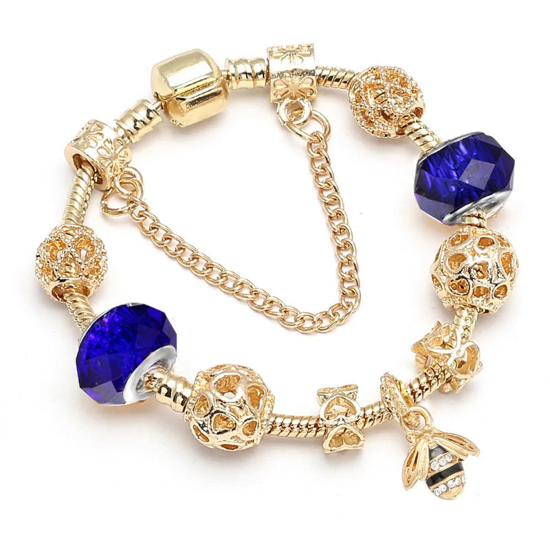 Luxury Crystal Bees Gold Color Charm Bracelet For Girl Murano Glass Beads Fine Bracelet For Women Couple DIY Jewelry Gift-Dollar Bargains Online Shopping Australia