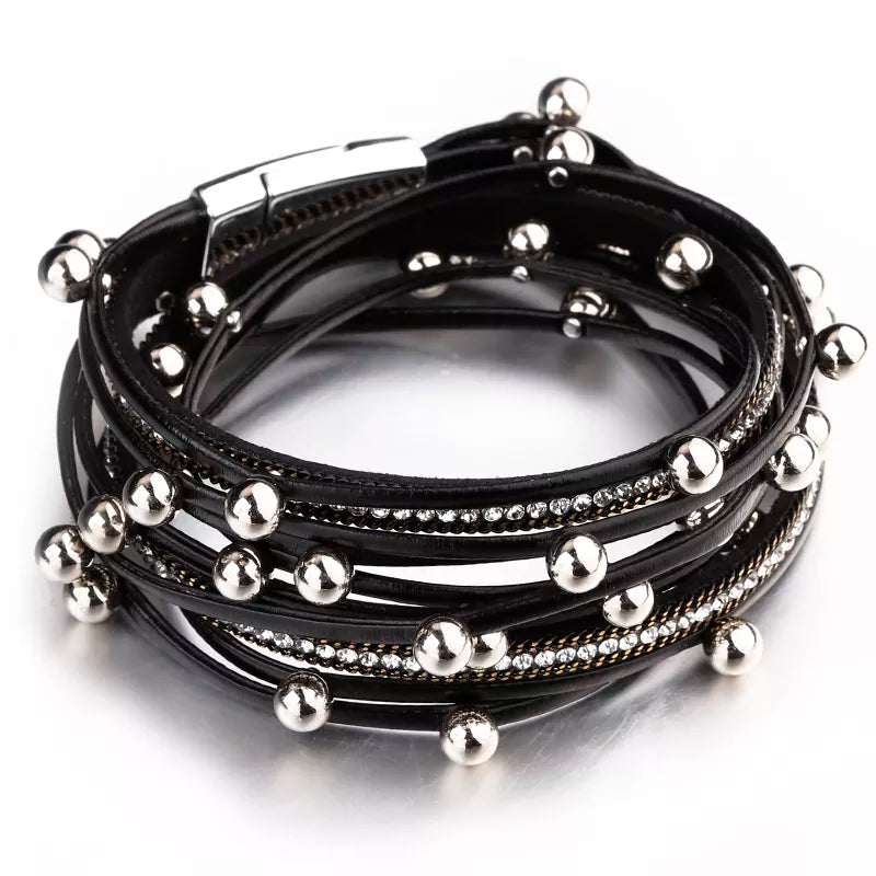 Metal Beads Charm Leather Bracelets for Women Fashion Crystal Chain Bohemian Multilayer Wrap Bracelet Female Jewelry-Dollar Bargains Online Shopping Australia