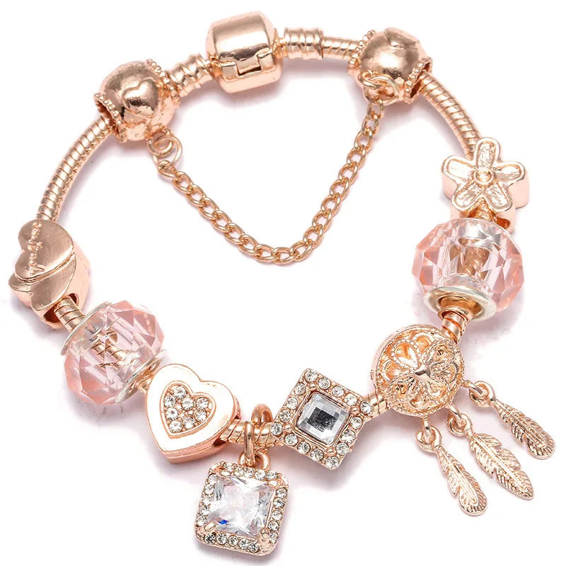 Heart & Key Pendant Rose Gold Color Fine Bracelets & Bangles Ferris Wheel Beads Charm Bracelet For Women Jewelry Gift-Dollar Bargains Online Shopping Australia