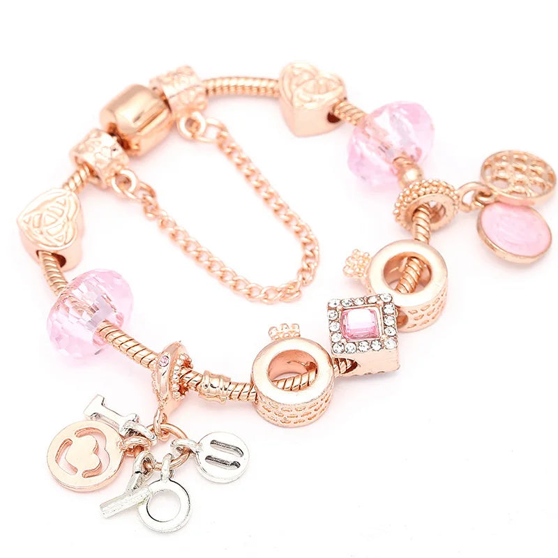 Heart & Key Pendant Rose Gold Color Fine Bracelets & Bangles Ferris Wheel Beads Charm Bracelet For Women Jewelry Gift-Dollar Bargains Online Shopping Australia