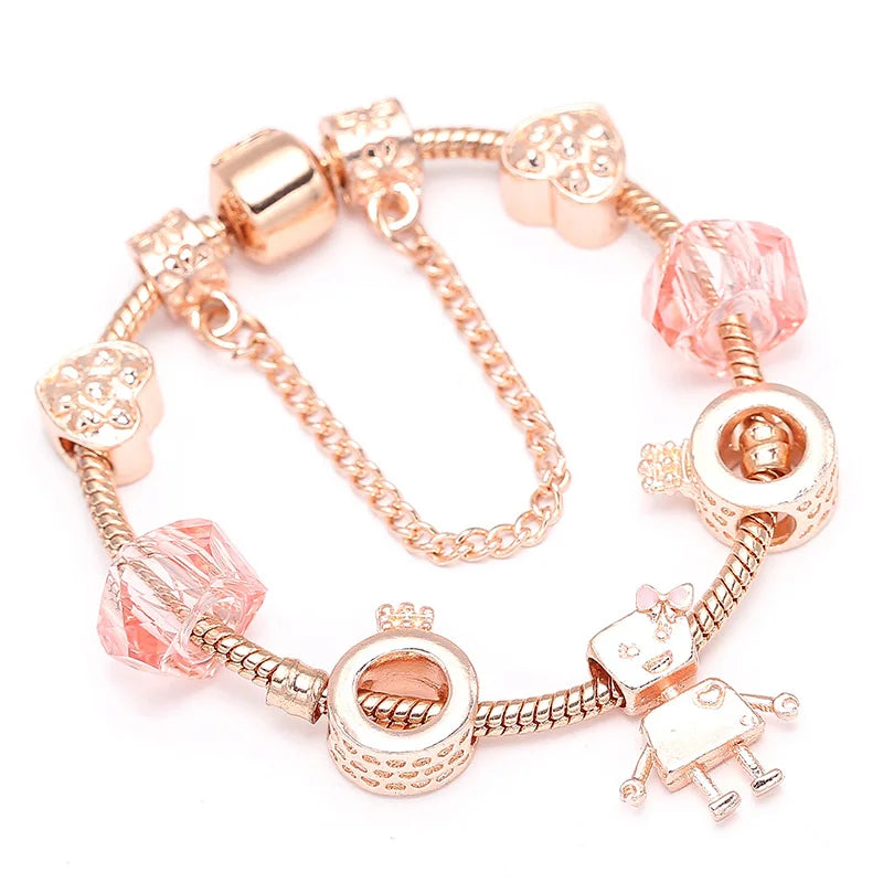 Heart & Key Pendant Rose Gold Color Fine Bracelets & Bangles Ferris Wheel Beads Charm Bracelet For Women Jewelry Gift-Dollar Bargains Online Shopping Australia