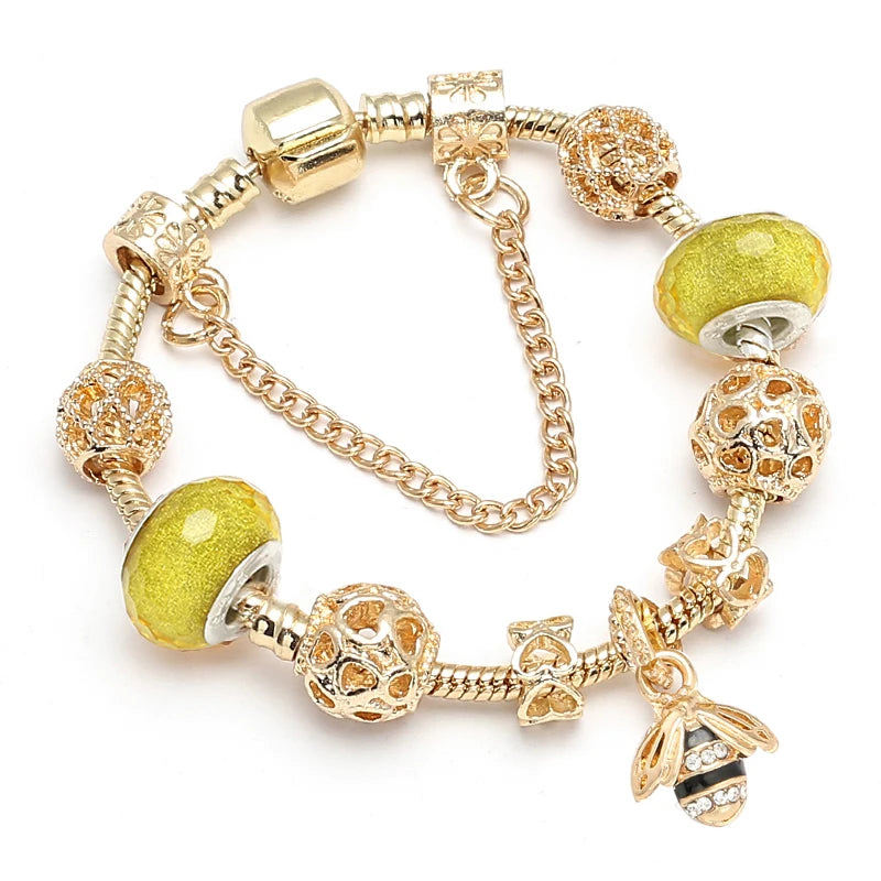 Luxury Crystal Bees Gold Color Charm Bracelet For Girl Murano Glass Beads Fine Bracelet For Women Couple DIY Jewelry Gift-Dollar Bargains Online Shopping Australia