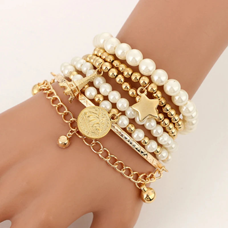 6pcs/set Fashion Gold Color Beads Pearl Star Multilayer Beaded Bracelets Set for Women Charm Party Jewelry Gift-Dollar Bargains Online Shopping Australia