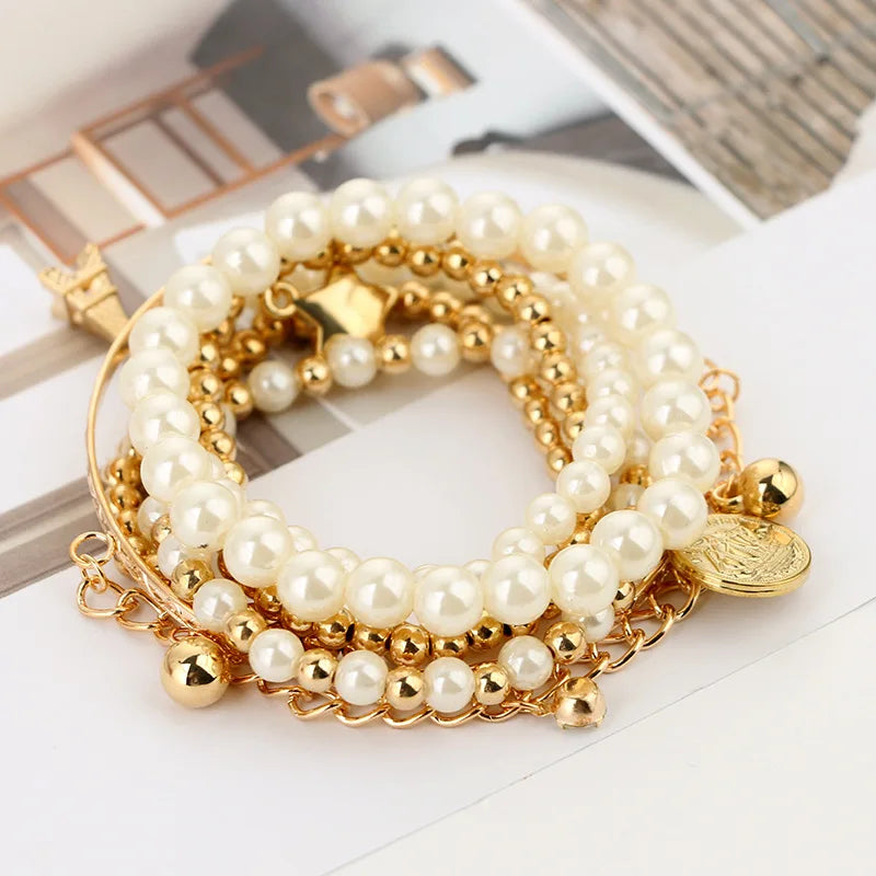 6pcs/set Fashion Gold Color Beads Pearl Star Multilayer Beaded Bracelets Set for Women Charm Party Jewelry Gift-Dollar Bargains Online Shopping Australia